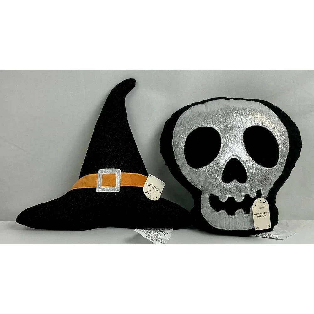 Halloween Decorative Pillow Set Witch Hat & Silver Skull Plush New Soft‎ & Comfy